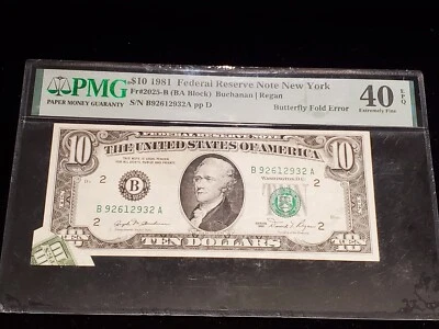 1981 $10 New York PMG 40 EPQ BUTTERFLY FOLD ERROR (Z-0451) - Image 1 of 2