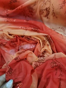 Stoff Meterware Koralle und Pfirsich Stretch Netz geklebt Glitzer Blumen Blume - Bild 1 von 11