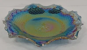 Vintage schillernd blau Karneval Glas gewellter Rand 10 Zoll Schüssel Schale - Bild 1 von 9