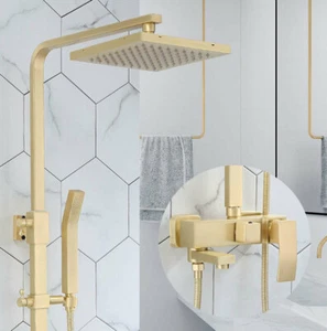 Set rubinetto doccia bagno oro spazzolato testa pioggia salvamano miscelatore unità rubinetto - Foto 1 di 7