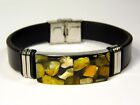 Baltic Amber Mosaic and Leather Cuff Bracelet 8.5&quot; Men Women Unisex Natural 4281