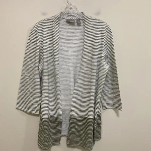 Chico's Size 1 Green Striped Open Cardigan 3/4 Sleeve Cotton - Picture 1 of 4