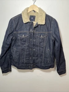 Gap Kids Sherpa Lined Collared Dark Wash Western Stitch Denim Jean Jacket Large - Picture 1 of 8