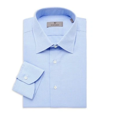 $495 NWT Canali Light Blue Woven Cotton Slim Fit  Checked Dress Shirt 45(17.75) - Image 1 of 3