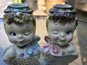 Vtg Lipper Mann Japan Winking Eye Boy & Girl Head Candleholders 1 Chip 3"Tall - Picture 1 of 12
