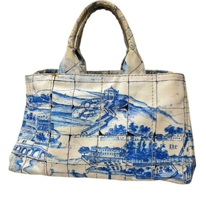 PRADA Canapa Azulejos Tote Handbag Blue Canvas Large - Picture 1 of 12