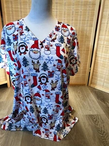 Buttersoft Christmas Scrubs Top Cartoon Santa Penguin Snowman Large L h642 - Picture 1 of 11