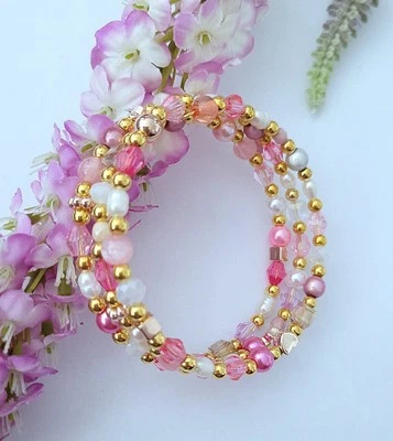 Sylvie's Edelstahl Spiral Armband Kristall Perlen Rosa Flieder weiß gold /0476 - Bild 1 von 3