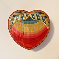 Vintage Heart Peach Shaped Trinket Box Rainbow Colors Woven Straw w Satin Lining