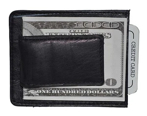 Leather Magnetic Money Clip Slim Credit Card Id Holder Black Men's Wallet - Picture 1 of 6