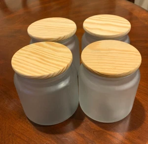 4 Frosted Candle Making Glass Jars Empty Jars w/ Sealing Wood Lids - Many uses - Picture 1 of 7