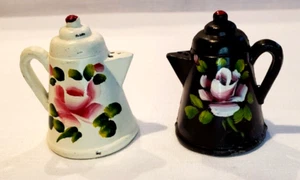Coffeepot Salt & Pepper Shakers Metal Hand Painted Floral Roses VTG 2" Tall - Picture 1 of 7