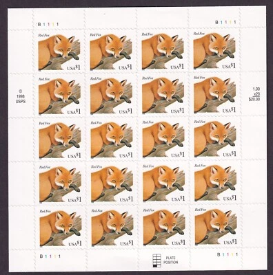 Scott #3036a Red Fox Hoja completa de 20 sellos - MNH Foto 1 de 3