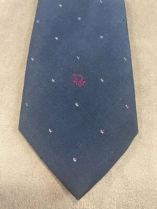 Vintage Christian Dior Navy Blue Silk Blend Tie Made in Italy Classic Polka Dot - Picture 1 of 5