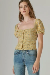 NWT Lucky Brand Womens S/S Smocked Gold Multi Square Neck Top SZ Large MSRP $70 - Picture 1 of 3