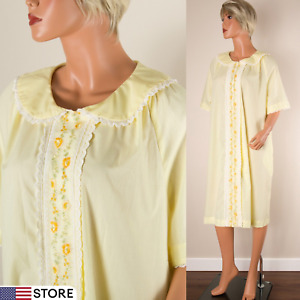 💖 LOUNGEES Vintage Yellow Robe Housecoat Pockets Snap Embroidered Lace XL USA