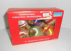 Vintage 2" Decorated Satin Balls 6 Unbreakable Ornaments Montgomery Ward - Picture 1 of 5