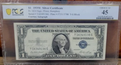 1935E $1 Silver Certificate PCGS 45  courtesy autograph note! Free Shipping - Image 1 of 2