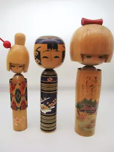 Signed Japanese Creative KOKESHI Doll Vintage 3 sets traditional craft - Picture 1 of 15