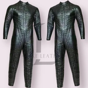 Herren Leder Body Reißverschluss Rücken Overall Langarm Catsuit Clubwear - Bild 1 von 5