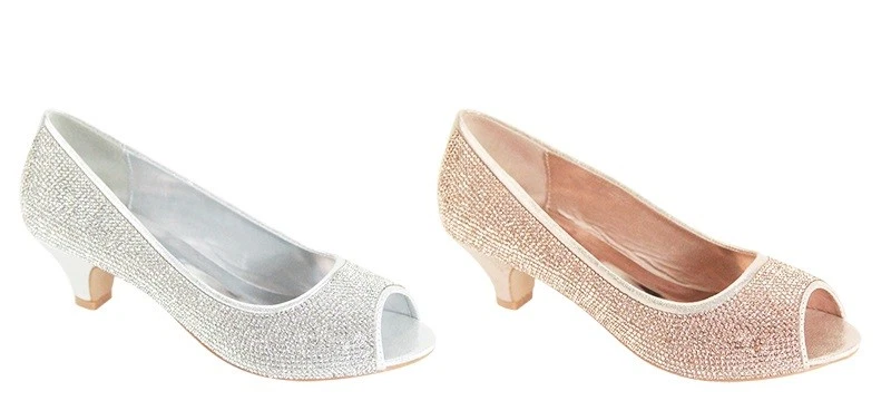 Nuevo Mujeres Joyas Estrás Cristal PeepToe Med Tacón Bajo Gatito Vestido Bomba Zapato Foto 1 de 1