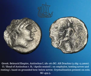 281-261 BC Greek Seleucid Empire Antiochus I Soter AR Silver Drachm 3.18g Coin - Picture 1 of 4