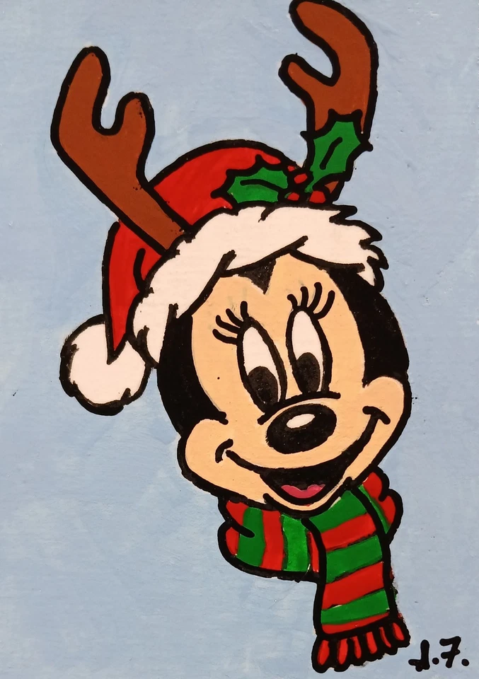 Minnie Mouse Natal ATC CARTÃO ACEO ORIGINAL PINTADO À MÃO Assinado OOAK - Imagem 1 de 1