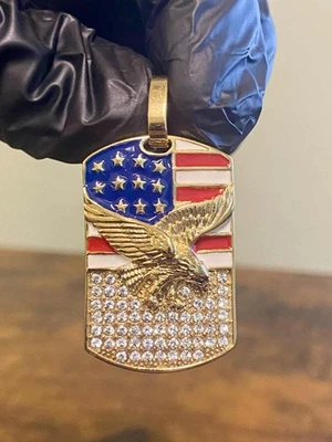Patriotic 14k Gold Tone Iced CZ American Flag & Eagle Pendant Jewelry - Image 1 of 4