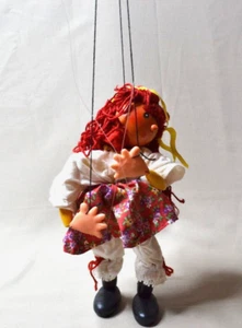 Vintage Red Haired Girl Marionette String Puppet Wooden Head, 10" Tall, Painted - Picture 1 of 12