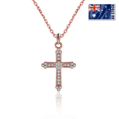 Impresionante collar colgante cruz vintage liso enchapado en oro rosa de 18 quilates cristal circonita Foto 1 de 4