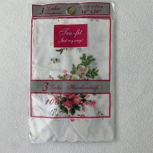 "Paquete de 3 pañuelos rosas florales blanco rosa algodón borde festoneado 16""" - Imagen 1 de 5