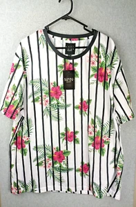 Boohoo Man T-Shirt Men's Size 4XL Brand New Tags White Striped Floral Cotton - Picture 1 of 9