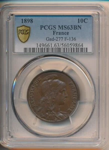 FRANCE - 10 CENTIMES 1898 COPPER - PCGS MS63BN - Picture 1 of 2