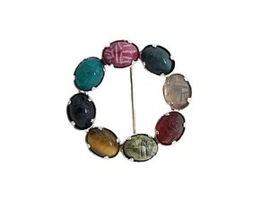 VINTAGE Signed D'Or 12k Gold Filled SCARAB CIRCLE PIN Carved Gemstone Brooch - Picture 1 of 5