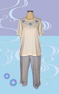 BONWORTH Blue Striped EMBROIDERED 2 PC Outfit Crop Pants Top Women's Med/Pet XS - Picture 1 of 17