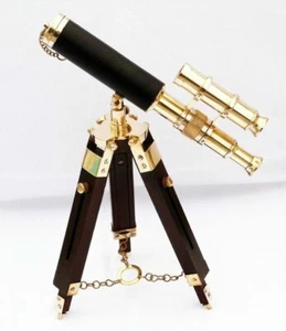 Leather Sheathed 10 inch Brass Telescope with Wooden Stand ~ Shiny Polish - Picture 1 of 3