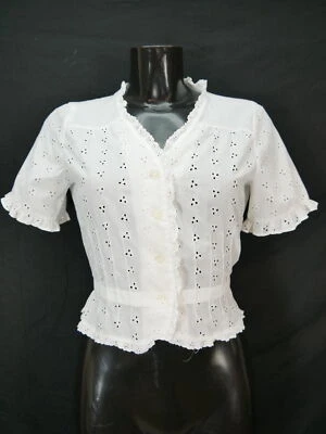 Gr.38 Trachtenbluse tailliert weiß Bluse zum Binden Baumwolle mit Spitze - Bild 1 von 4