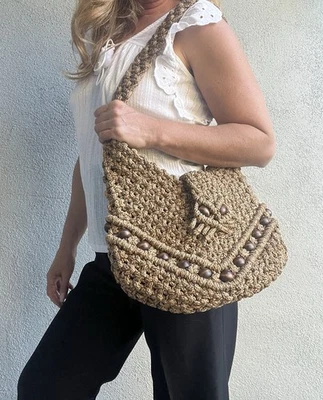 Vintage 1970s Beige Handmade Macrame Crochet Woven Boho Tote Bag w/Wooden  Beads - Image 1 of 4