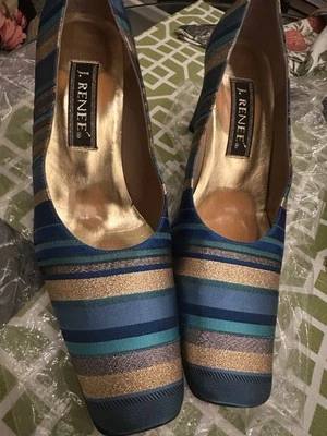 Tacones de tela multicolor azul/dorado J. RENEE con suela de cuero talla 10M nuevos sin etiquetas Foto 1 de 4