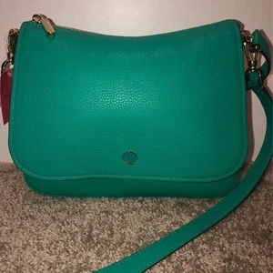 New kate spade polly shoulder bag green leather convertible flap crossbody purse - Picture 1 of 4