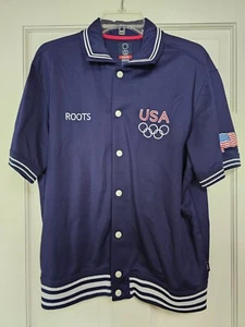 Roots Team USA 2004 Olympic Warm Up Snap Button Blue Parade Shirt Medium - Picture 1 of 8