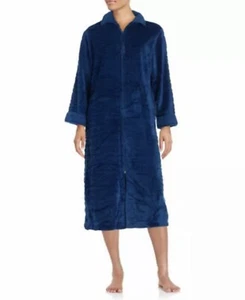 MISS ELAINE Womens Textured Plush Zip Robe Size M Blue Pockets Retail $74 - Picture 1 of 8