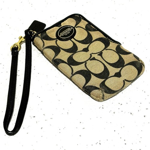 Portafoglio Coach da polso portamonete marrone marrone chiaro firma logo stampa tela con DIFETTI