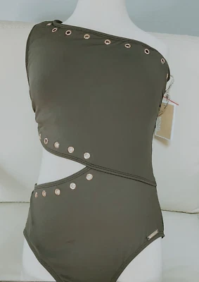 Maiô Michael Kors recorte de um ombro 1 peça 10, 12, 14 tachas verde exército novo com etiquetas - Imagem 1 de 4