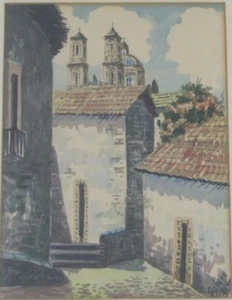 Vintage Watercolor Painting View of a Church from an Alley by Bahenr Listed? - Picture 1 of 5