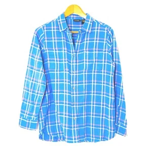 Sara Studio Button Front Flannel Shirt Womens Medium L/S Collar Cuffs Blue Plaid - Picture 1 of 6
