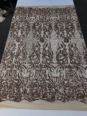 ROSE GOLD SHINY SEQUIN DAMASK DESIGN EMBROIDERY ON A 4 WAY STRETCH MESH-1 YARD. - Image 1 of 4