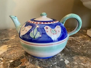 Italian Pottery Campagna Style Large Blue Bird Chicken Teapot As Is - Picture 1 of 8