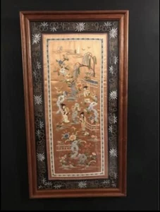 Antique Chinese Art hand stitched silk embroidery, flowers,three woman in frame - Picture 1 of 3