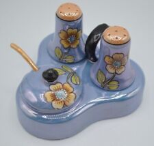 Vintage Lusterware Condiment Set Salt Pepper Mustard w/Spoon Japan Floral 
